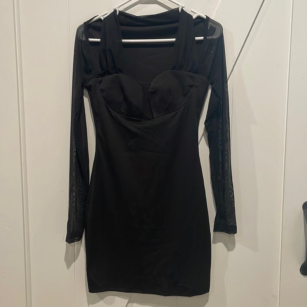 Women's Lace Long Sleeve Mini Black Dress, Deep V Cut, Medium Body Con